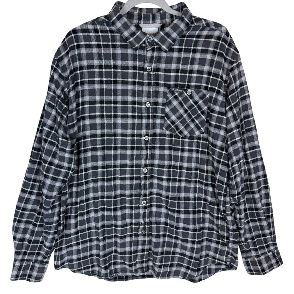 Columbia Shirt Mens L Black Plaid‎ Flannel Stretch Pocket Long Sleeve Button-Up